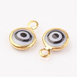 Black Lampwork Charms, with Brass Findings, Flat Round/Eye, Golden, Black, 9.5~10x6.5x2.5mm, Hole: 1.5mm