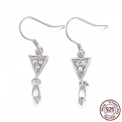 Platinum Rhodium Plated 925 Sterling Silver Earring Findings, with Micro Pave Cubic Zirconia, Bar Links and Ice Pick Pinch Bail, Triangle, with 925 Stamp, Platinum, 35mm, 20 Gauge, Pin: 0.8mm