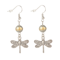Gray Round Natural Mashan Jade with Alloy Dragonfly Dangle Earrings, Brass Earrings for Women, Gray, 50mm, Pin: 0.6mm