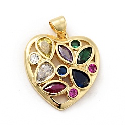 Real 18K Gold Plated Rack Plating Brass Micro Pave Colorful Cubic Zirconia Pendants, Long-Lasting Plated, Lead Free & Cadmium Free, Heart, Real 18K Gold Plated, 21x19.5x4mm, Hole: 3.5x4mm