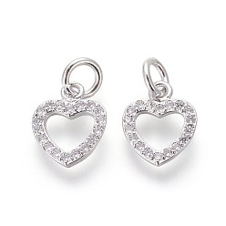 Platinum Brass Micro Pave Cubic Zirconia Charms, Lead Free & Cadmium Free, Clear, Heart, Platinum, 10.5x9x2mm, Hole: 3mm