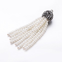 White Tassels Glass Beaded Big Pendants, with Polymer Clay Rhinestone and Platinum Tone Brass Findings, White, 68x14mm, Hole: 1.8mm