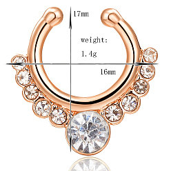 Clear Personality Brass Cubic Zirconia Clip-on Nose Septum Rings, Nose Piercing Jewelry, Circular/Horseshoe Barbell, Golden, Clear, 17x16mm