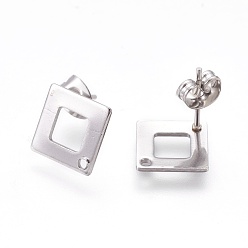 Stainless Steel Color 304 Stainless Steel Stud Earring Findings, Square/Rhombus, Stainless Steel Color, 13.5x13.5x0.8mm, Hole: 1mm, Pin: 0.7mm