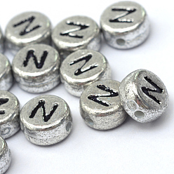 Letter N Perles de lettre à trou horizontal en acrylique plaqué, plat rond, letter.n, 7x4mm, Trou: 1.3mm, environ3600 pcs / 500 g