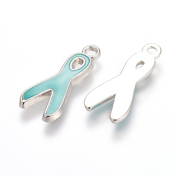 Pale Green Alloy Enamel Pendants, Lead Free and Cadmium Free, Awareness Ribbon, Platinum Metal Color, Pale Green, 19x8x1mm, Hole: 2mm