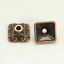 Red Copper Tibetan Style Caps, Square, Lead Free & Cadmium Free, Red Copper, 10x10x5mm, Hole: 2mm
