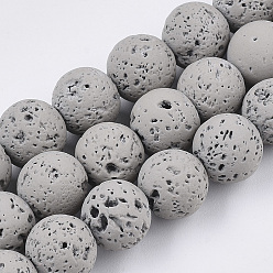 Gris Brins de perles de pierre de lave naturelle peintes à la bombe, ronde, grises , 10~11mm, Trou: 1.4mm, Environ 37~39 pcs/chapelet, 14.96 pouce (38 cm)