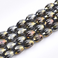 Dark Gray Electroplated Glass Beads Strands, Frosted, Faceted, Oval, Dark Gray, 8x6mm, Hole: 1.2mm, about 70pcs/strand, 22.8 inch