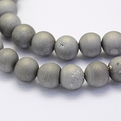 Platinum Plated Electroplate Natural Druzy Agate Beads Strands, Round, Frosted, Platinum Plated, 8mm, Hole: 1mm, about 45~48pcs/strand, 14.9 inch(38cm)