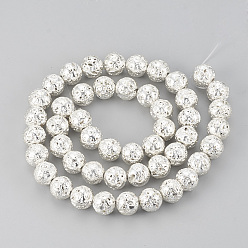 Silver Plated Electroplated Natural Lava Rock Beads Strands, Round, Bumpy, Silver Plated, 4~5mm, Hole: 1mm, about 89pcs/strand, 15.7 inch