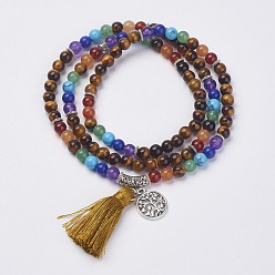 Mixed Stone Natural Gemstone Beads Necklaces, with Polyester Tassel and Alloy Findings, 29.1 inch(74cm)