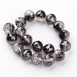 Black Plated Electroplate Glass Bead Strands, Half Plated, Faceted, Round, Black Plated, 13.5mm, Hole: 2mm, about 18pcs/strand, 9 inch(23cm)