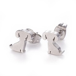 Stainless Steel Color 304 Stainless Steel Puppy Stud Earrings, Hypoallergenic Earrings, with Ear Nuts/Earring Back, Dog Silhouette, Stainless Steel Color, 7x8mm, Pin: 0.8mm, 12pairs/card