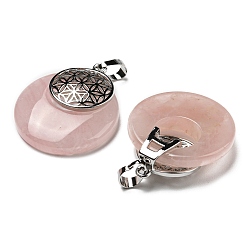 Rose Quartz Natural Rose Quartz Pendants, Spiritual Charms, with Platinum Tone Brass Findings, Flat Round with Flower of Life/Sacred Geometry, 32~32.5x28~30x7~7.5mm, Hole: 5x8mm