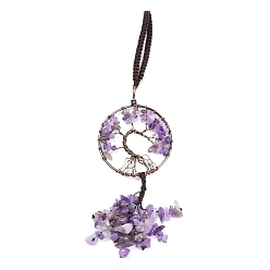 Amethyst Wire Wrapped Chips Natural Amethyst Big Pendant Decorations, with Red Copper Plated Brass Wires and Nylon Cord, Flat Round with Tree of Life, 160~180mm