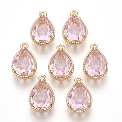 Rose Nacré Pendentifs en verre transparent, avec les accessoires en laiton de tonalité d'or, facette, larme, perle rose, 19x12x8.5mm, Trou: 1.5mm