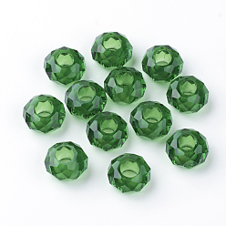 Dark Green Glass European Beads, Large Hole Beads, No Metal Core, Rondelle, Dark Green, 14x8mm, Hole: 5mm