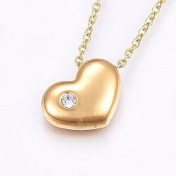 Golden 304 Stainless Steel Jewelry Sets, Stud Earrings and Pendant Necklaces, with Rhinestone, Heart, Golden, Necklace: 17.7 inch(45cm), Stud Earrings: 8x11x3.5mm, Pin: 0.8mm