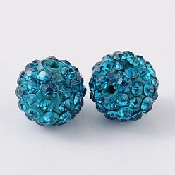 Blue Zircon Polymer Clay Rhinestone Beads, Pave Disco Ball Beads, Grade A, Round, Half Drilled, Blue Zircon, 8mm, Hole: 1mm
