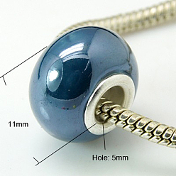 Marine Blue Handmade Porcelain European Beads, with Silver Color Brass Double Cores, Rondelle, Marine Blue, 15x10~11mm, Hole: 5mm