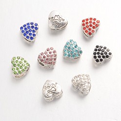 Mixed Color Large Hole Heart Alloy Glass Rhinestone European Beads, with Word Angel, Antique Silver, Mixed Color, 10.5x11x9mm, Hole: 5mm