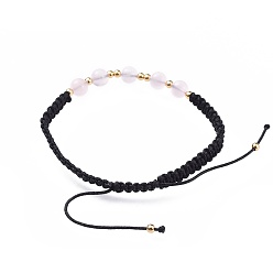Rose Quartz Adjustable Natural Rose Quartz Braided Bead Bracelets, Nylon Cord Square Knot Bracelet, with Brass Findings, Golden, 2 inch(5.2cm)