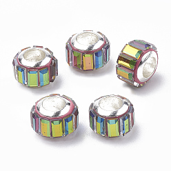 Colorful Glass European Beads, Large Hole Beads, with Brass Core, Faceted, Rondelle, Silver Color Plated, Colorful, 9x7mm, Hole: 5mm