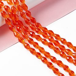 Orange Red Glass Beads Strands, Faceted, Drop, Orange Red, 11x8mm, Hole: 1mm, about 57~59pcs/strand, 26.38~26.77 inch