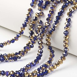 Bleu Foncé Plaquent verre transparent perles brins, la moitié plaqué or, facette, rondelle, bleu foncé, 6x5mm, Trou: 1mm, Environ 85~88 pcs/chapelet, 16.1~16.5 pouce (41~42 cm)