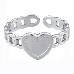 Stainless Steel Color 304 Stainless Steel Heart with Chain Cuff Rings, Open Rings for Women Girls, Stainless Steel Color, US Size 6(16.9mm)