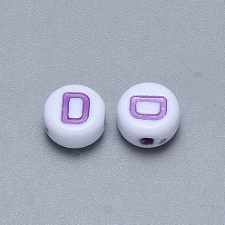 Letter D Craft Acrylic Horizontal Hole Letter Beads, Flat Round, Mixed Color, Letter.D, 7x3.5~4mm, Hole: 1.5mm, about 3600pcs/500g