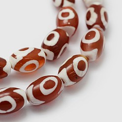 Brown Tibetan Style 3-Eye dZi Beads Strands, Natural Agate Beads, Dyed & Heated, Barrel, Brown, 12x8mm, Hole: 2mm, about 30pcs/strand, 13.9 inch(355mm)