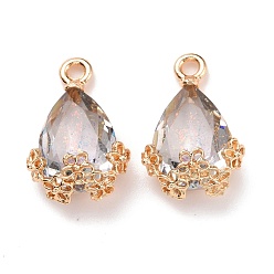 Crystal Rhinestone Pendants, with Light Gold Alloy Settings, Teardrop with Flower, Crystal, 20x12.5x6mm, Hole: 1.8mm