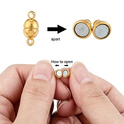 Golden Round Brass Magnetic Clasps with Loops, N35 Grade Strong Magnet, Oval, Nickel Free, Golden, 11x5mm, Hole: 1mm