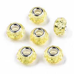 Jaune Champagne Résine transparente perles européennes, cristal d'imitation, Perles avec un grand trou   , laiton avec ton argent noyaux doubles, facette, rondelle, jaune champagne, 14x9.5mm, Trou: 5mm