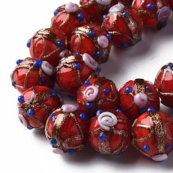 Red Handmade Gold Sand Lampwork Beads Strands, Round with Flower, Red, 13~15x11~13mm, Hole: 1.6mm, about 45pcs/strand, 20.47 inch~21.06 inch(52cm~53.5cm)