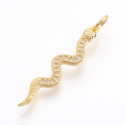 Real 18K Gold Plated Brass Micro Pave Cubic Zirconia Pendants, Long-Lasting Plated, Snake, Lead Free & Nickel Free & Cadmium Free, Clear, Real 18K Gold Plated, 29x6x2mm, Hole: 3mm