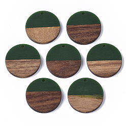 Green Resin & Wood Pendants, Flat Round, Green, 28.5x3.5~4mm, Hole: 1.5mm