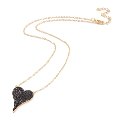Black Brass Micro Pave Cubic Zirconia Heart Pendant Necklaces, with Lobster Claw Clasps, Long-Lasting Plated, Real 18k Gold Plated, Black, 16-1/4 inch(41.4cm)
