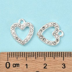 Silver Alloy Rhinestone Charms, Heart, Silver Color Plated, 14x12.5x2.5mm, Hole: 2mm