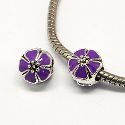 Violet Foncé Perles européennes alliage émail fleur de style grand trou, argent antique, violet foncé, 10x11mm, Trou: 4mm