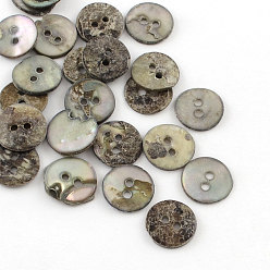 Серый 2-отверстие кнопки плоские круглые морские раковины, серые, 13~14x1~2 мм, отверстие : 1~2 мм