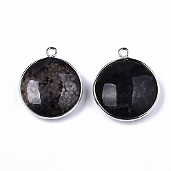 Black Natural Crackle Agate Pendants, with Platinum Plated Brass Findings, Dyed & Heated, Flat Round, Black, 27~28x23~24x7~9.5mm, Hole: 2mm