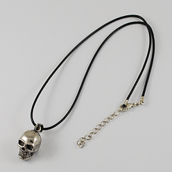 Antique Silver Zinc Alloy Skull Necklaces for Halloween, with Zinc Alloy Pendants, Zinc Alloy Lobster Claw Clasps, Iron Chains and Waxed Cord, Antique Silver, 17.1 inch