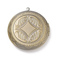 Brushed Antique Bronze Rack Plating Brass Locket Pendants, Photo Frame Charms for Necklaces, Cadmium Free & Lead Free, Flat Round with Rhombus, Brushed Antique Bronze, 48x45x10mm, Hole: 1.8mm, Inner Diameter: 29mm