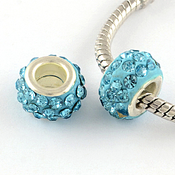 Aquamarine Polymer Clay Rhinestone European Large Hole Beads with Silver Color Plated Brass Cores, Rondelle, Aquamarine, 11~12x7~7.5mm, Hole: 5mm
