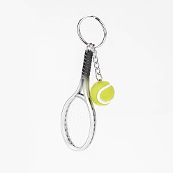 Platinum Sport Theme, Tennis & Racket Acrylic Keychain, with Alloy Balls and Iron Key Rings, Platinum, 120mm