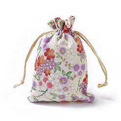 Mixed Color Burlap Packing Pouches, Drawstring Bags, Rectangle with Flower Pattern, Mixed Color, 14.2~14.7x10~10.3cm