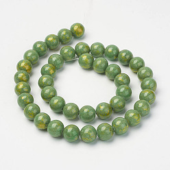 Green Natural Mashan Jade Beads Strands, with Gold Powder, Dyed, Round, Green, 6mm, Hole: 1mm, about 62pcs/strand, 16 inch